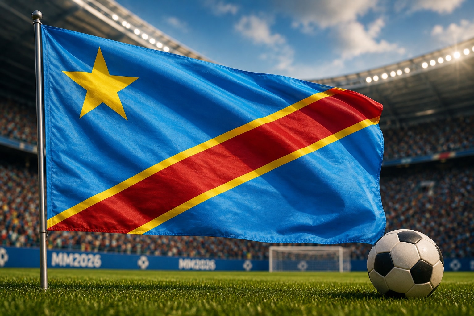 Kongon demokraattisen tasavallan lippu jalkapallostadionilla pallon ja kisatunnelman keskellä