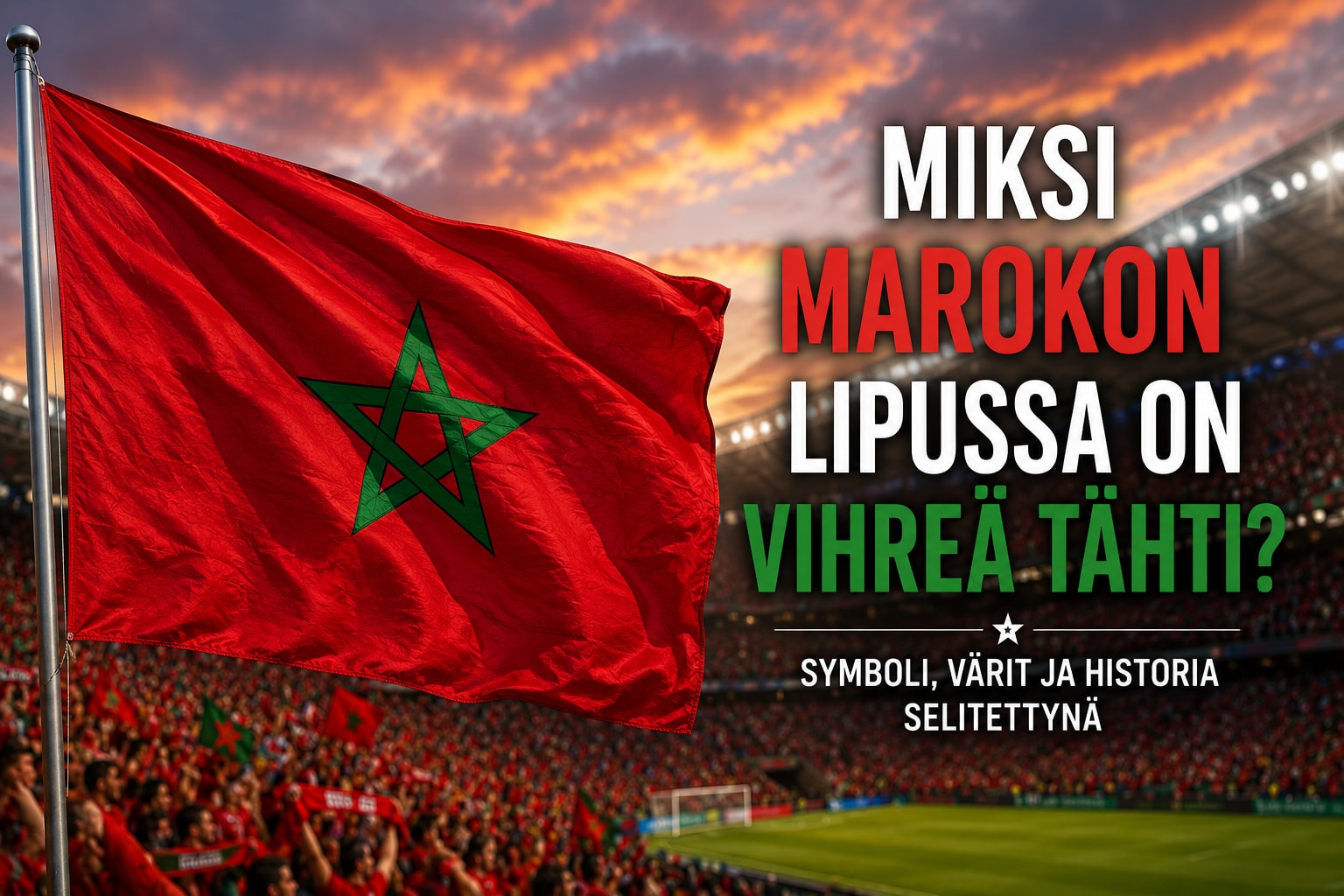 Marokon punainen lippu ja vihreä tähti jalkapallostadionin tunnelmassa